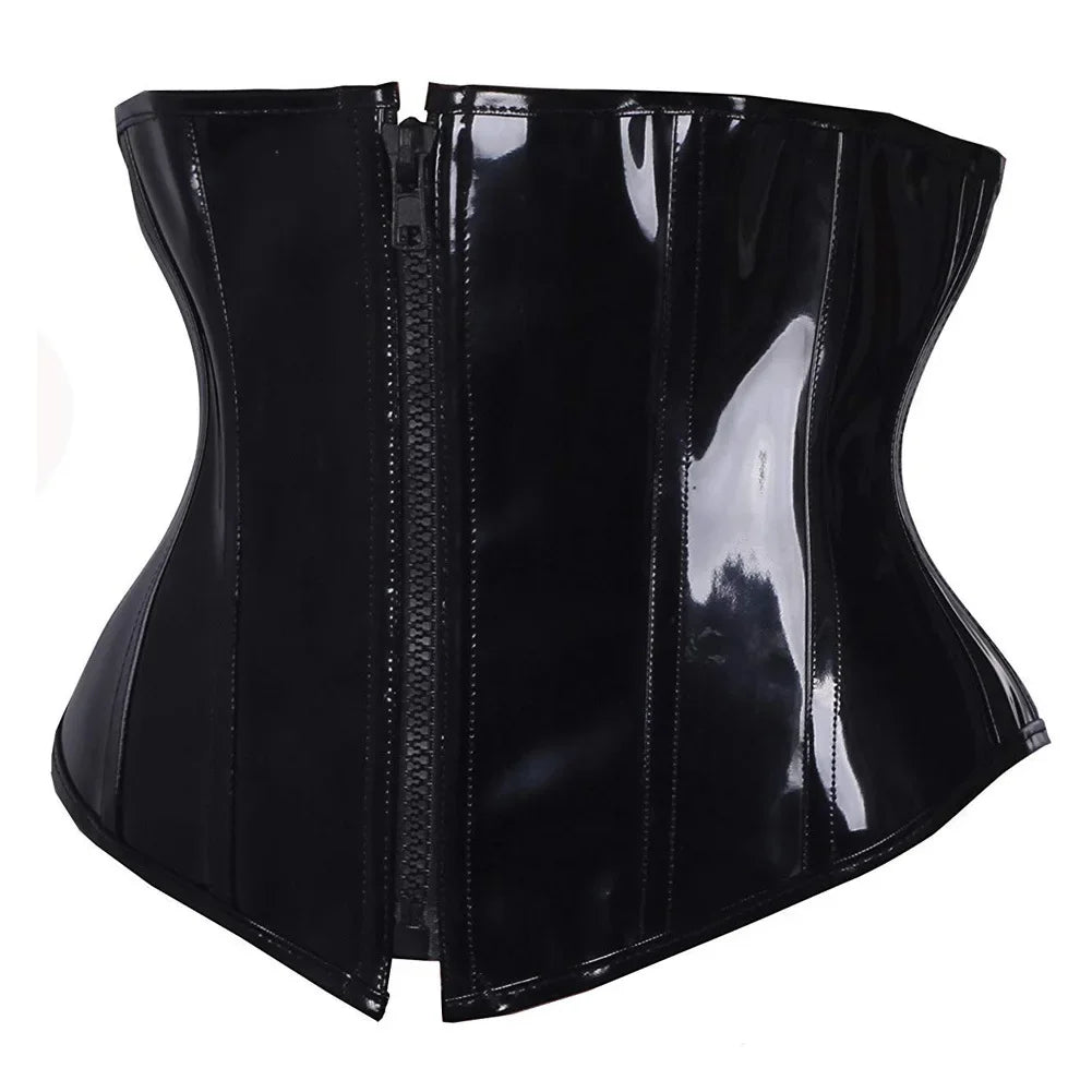Shiny PU Leather Steampunk Underbust Corset Zipper Front Waist Cincher