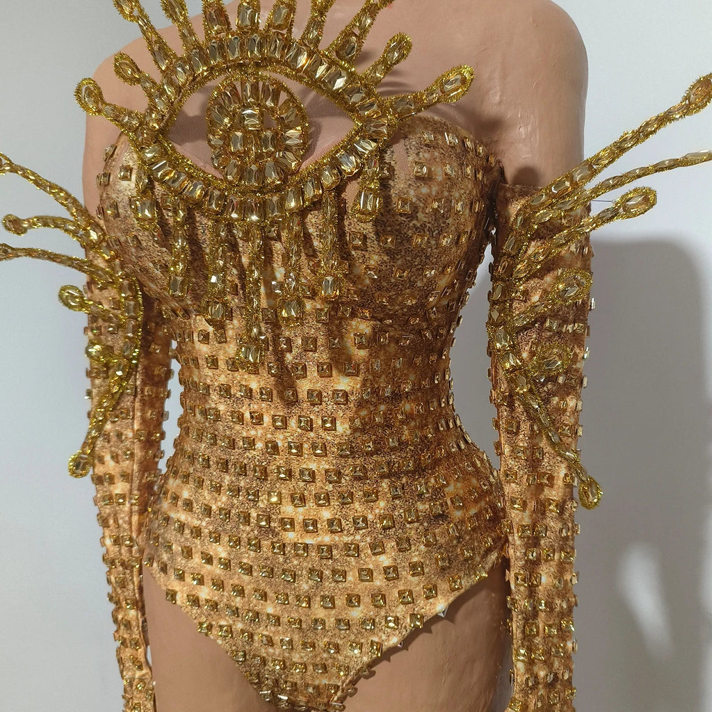 Gold Rhinestone Festival Bodysuit & Gloves Set