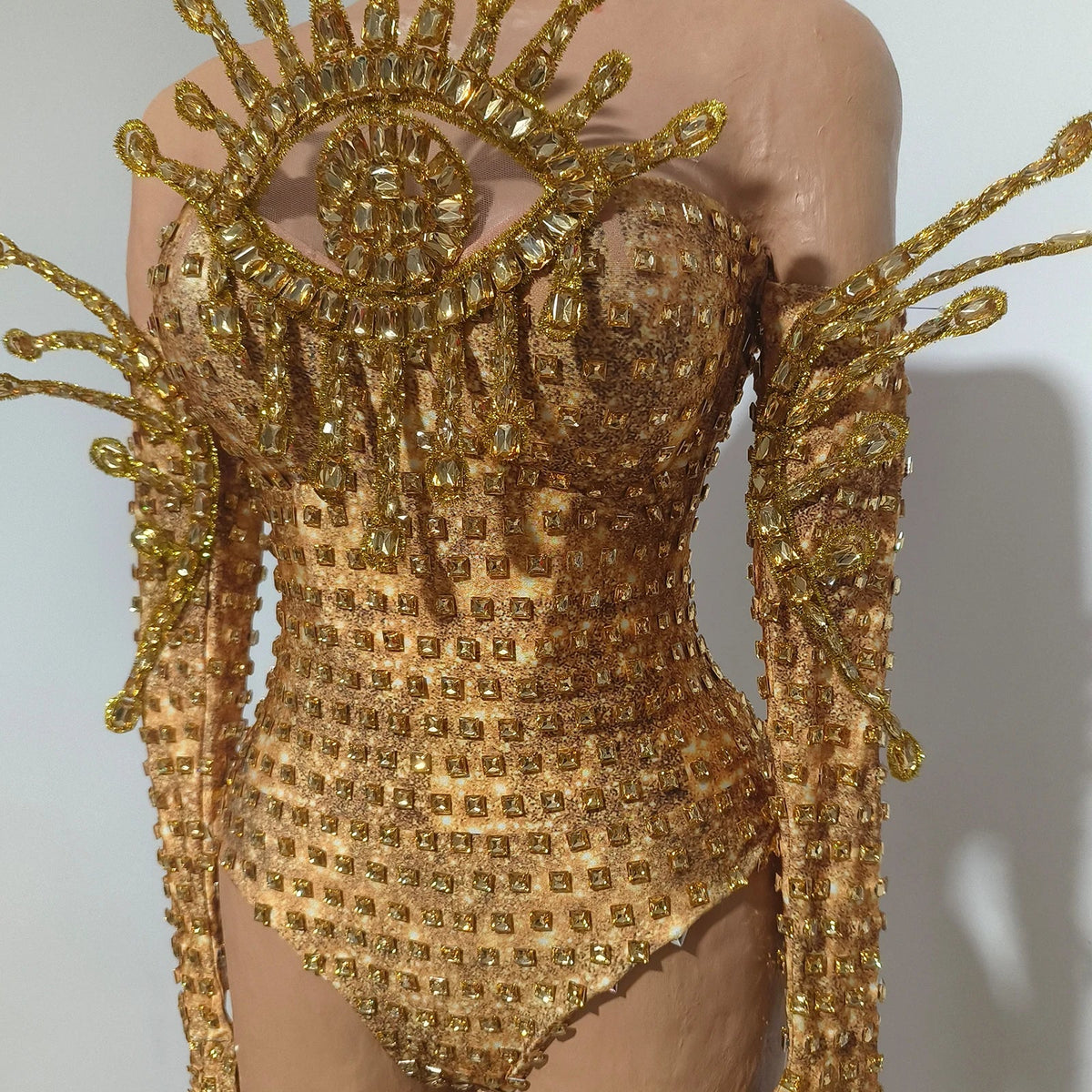 Gold Rhinestone Festival Bodysuit & Gloves Set