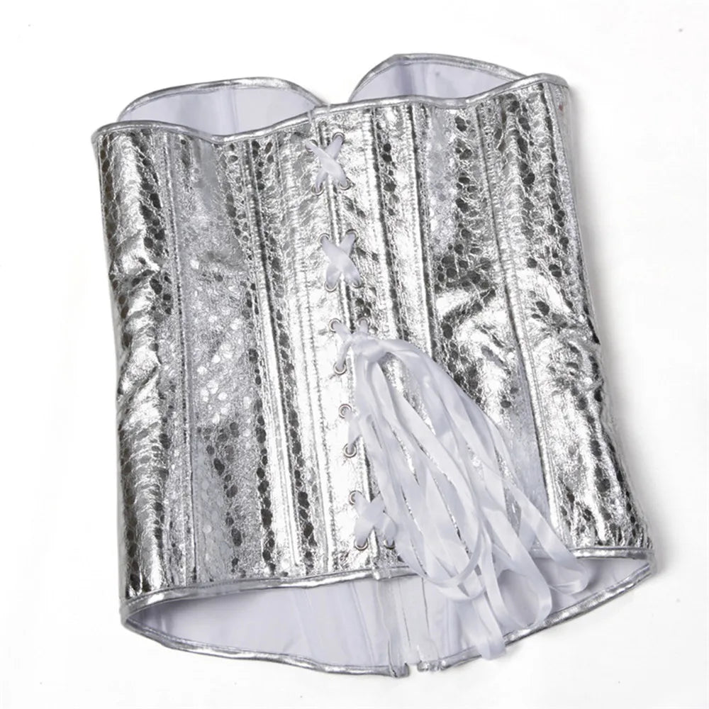 Gothic Metallic Faux Leather Overbust Corset Shiny Steel-Look Bustier