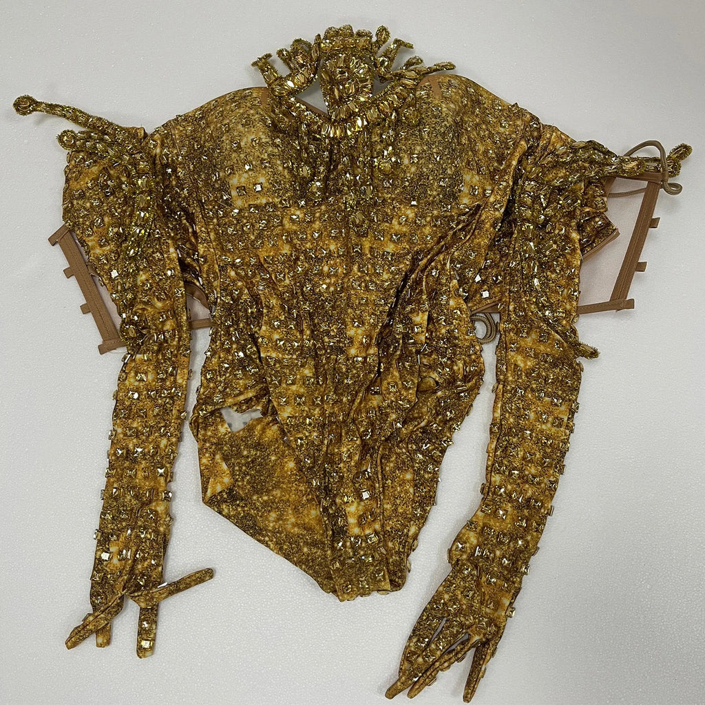 Gold Rhinestone Festival Bodysuit & Gloves Set