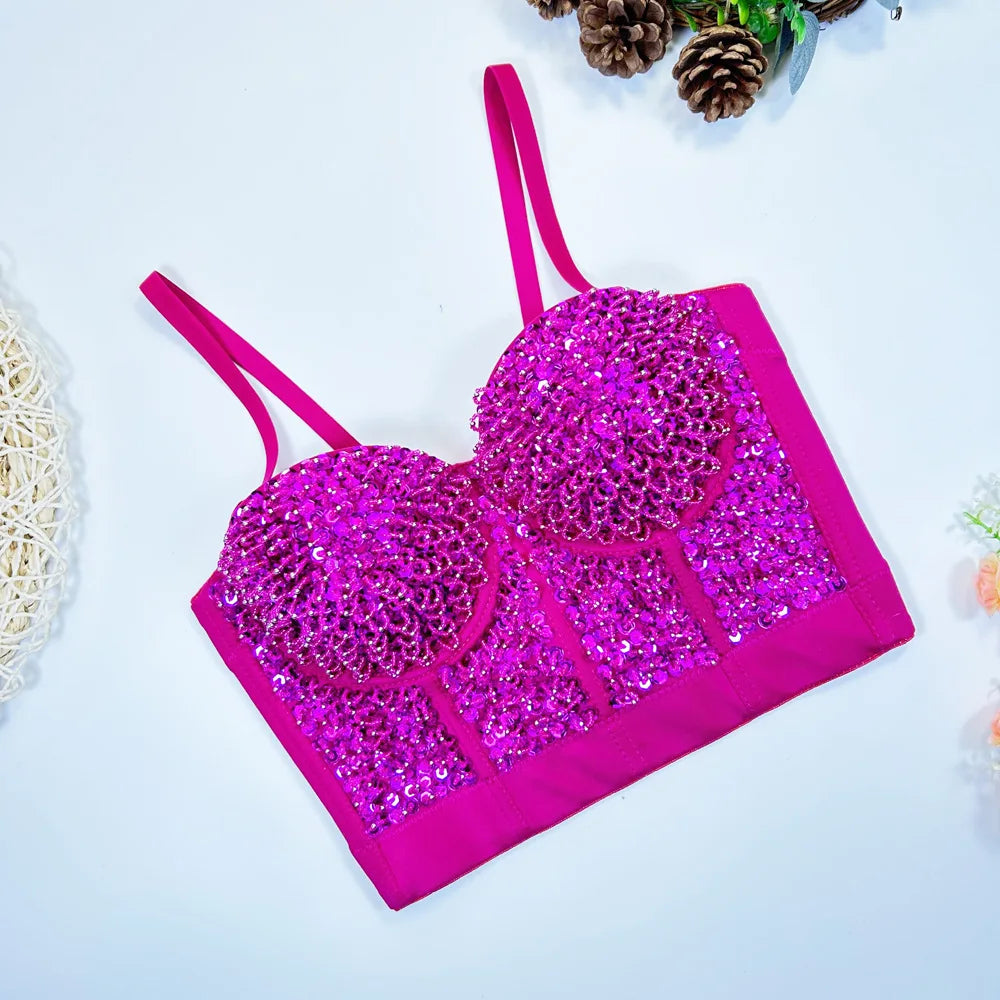 Gold Beaded Sequin Embroidery Bustier Corset Crop Top Party Bralette