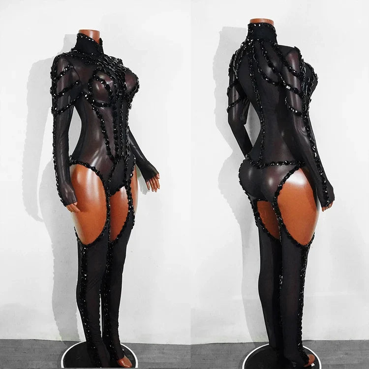 Rhinestone Mesh Festival Jumpsuit Set