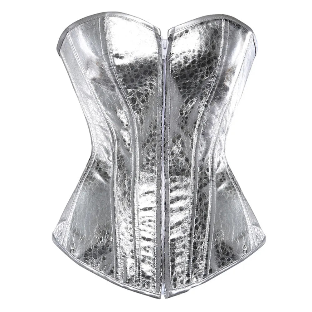 Gothic Metallic Faux Leather Overbust Corset Shiny Steel-Look Bustier
