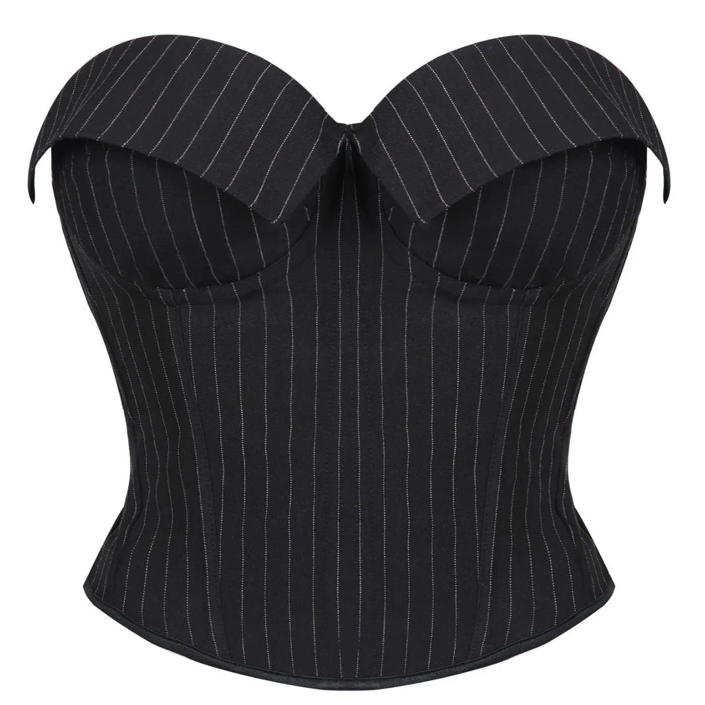 Black Striped Overbust Corset Top Zipper Front Lace-Up Bustier Body Shaper