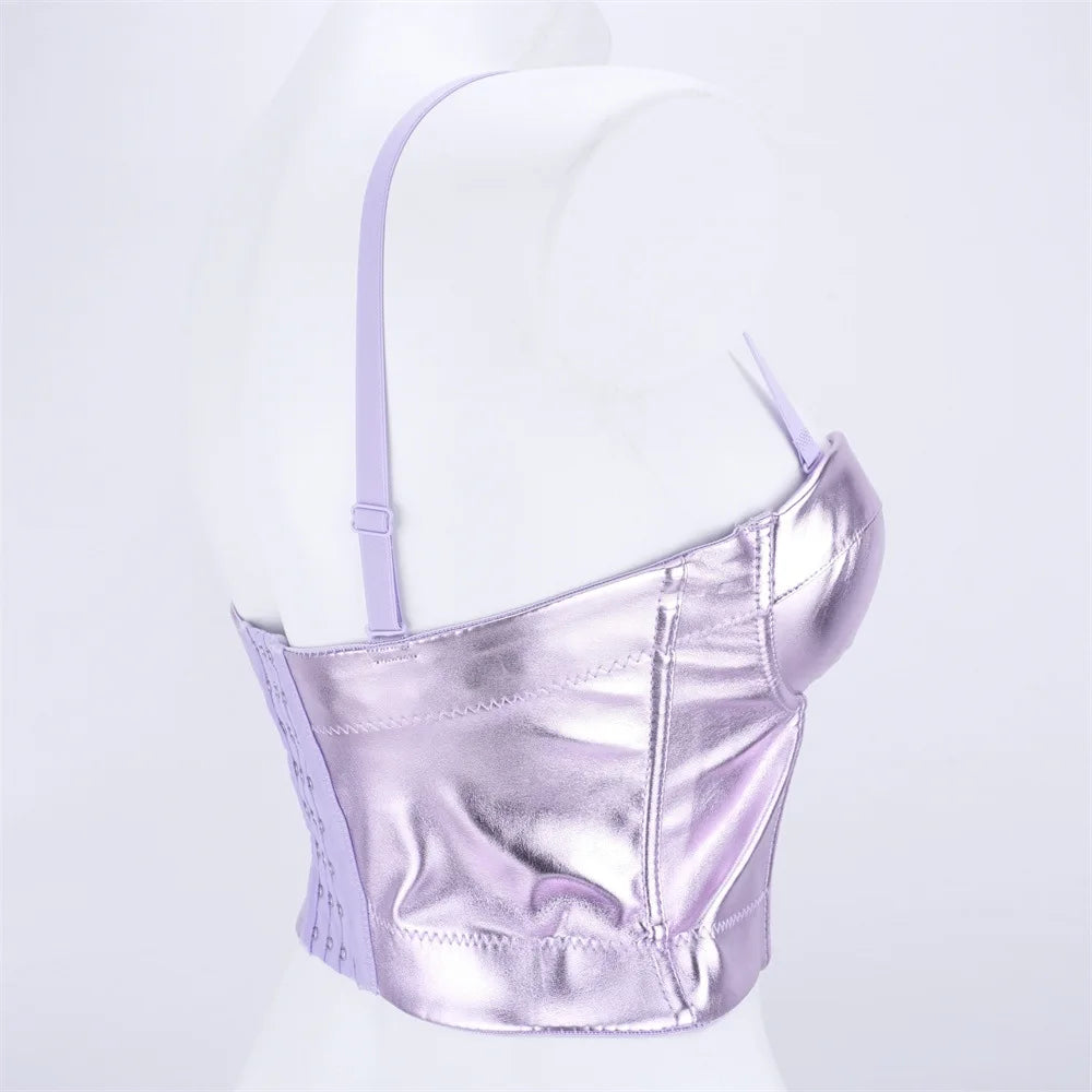 Purple Metallic PU Leather Bustier Corset Crop Top High Street Bralette