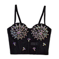 Black Mesh Bustier Corset Crop Top Crystal Embroidered Nightclub Bralette