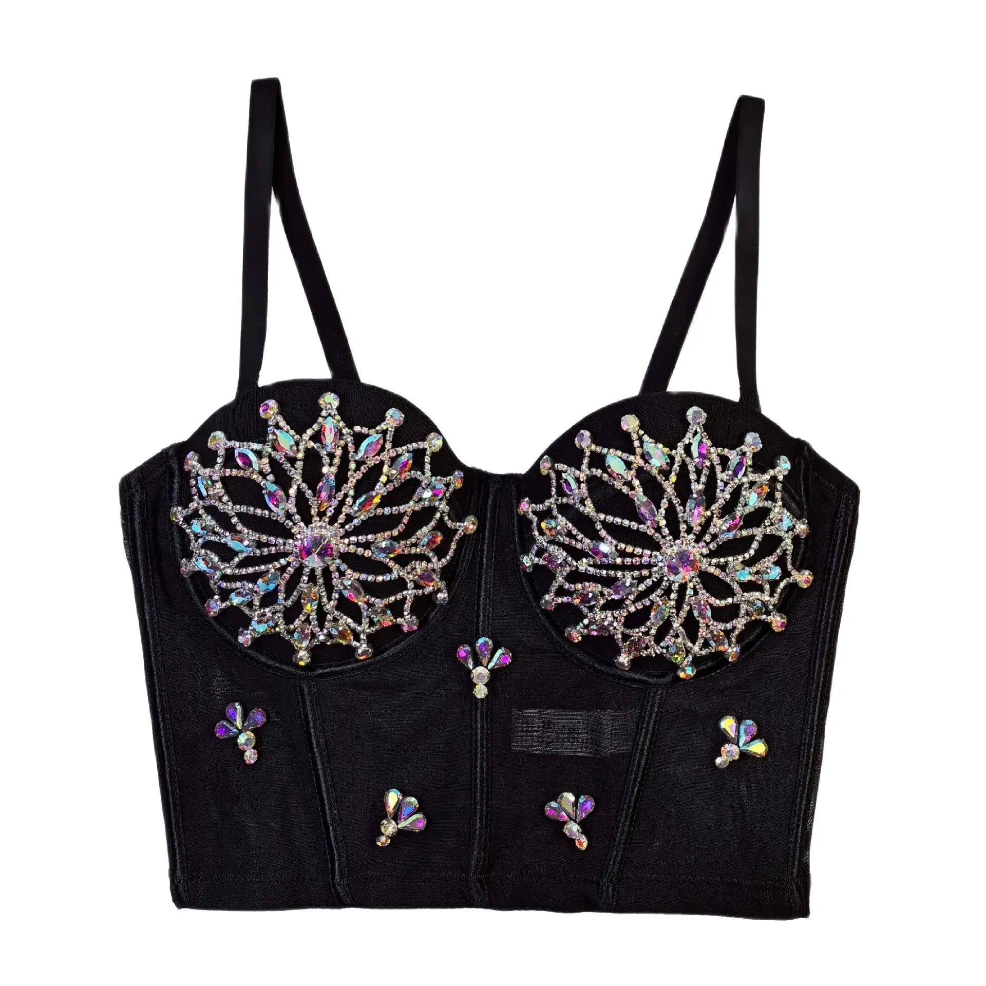 Black Mesh Bustier Corset Crop Top Crystal Embroidered Nightclub Bralette