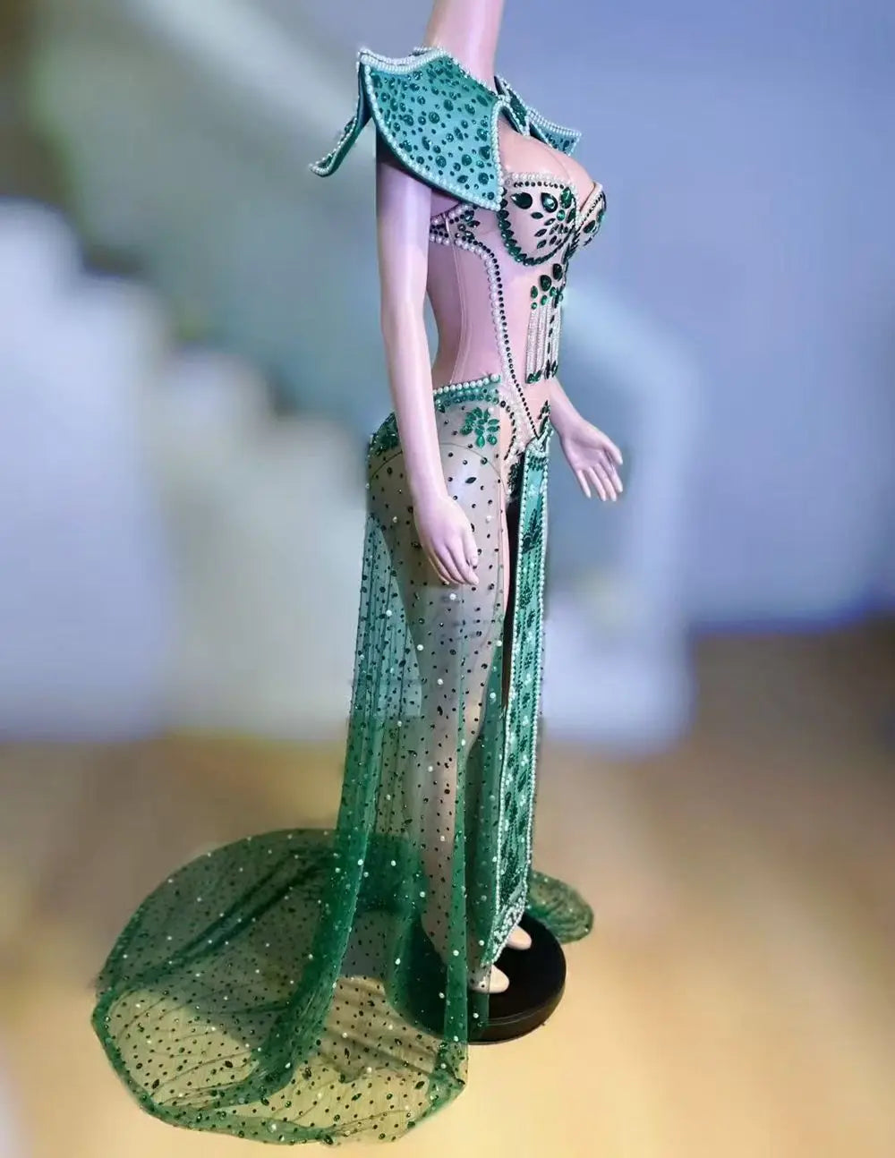 Emerald Rhinestone Bodysuit & Peacock Cloak Set