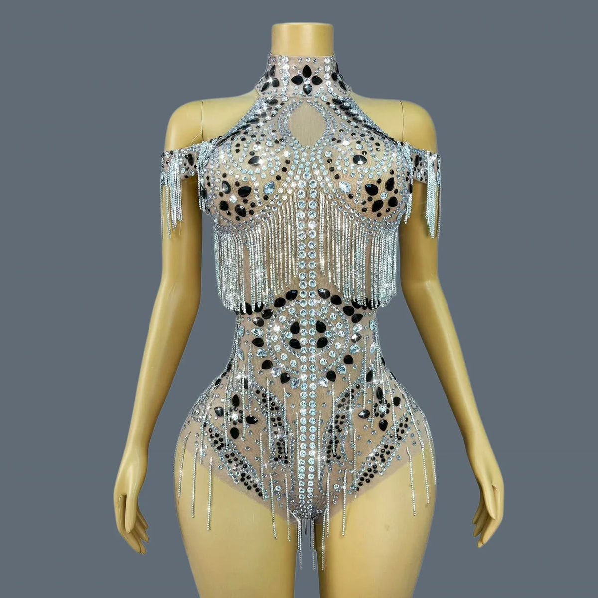 Luxury Rhinestone Sheer Mesh Bodysuit Drag Queen Stage Costume Leotard