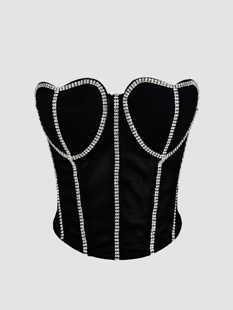 Black Strapless Diamond Embroidered Mesh Bustier Corset Top Stage Party Bralette