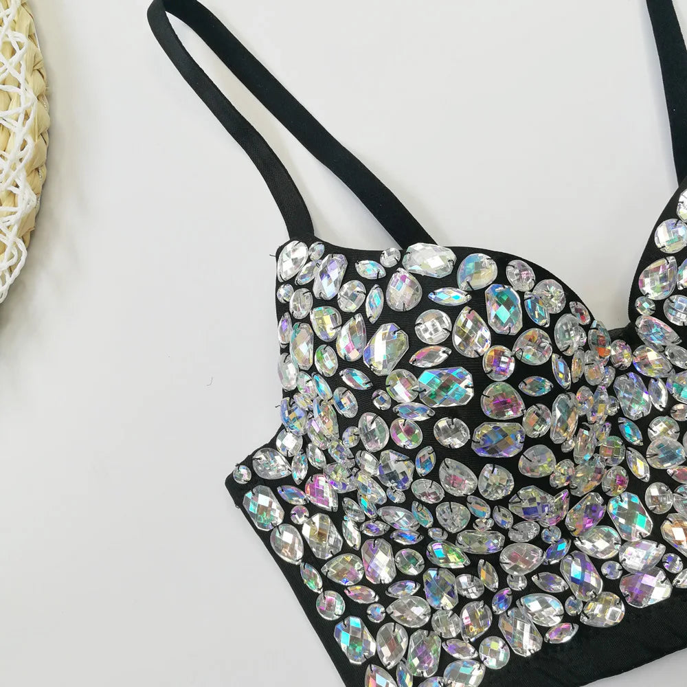 Rhinestone Glitter Bustier Corset Top Hook-and-Eye Nightclub Party Bralette