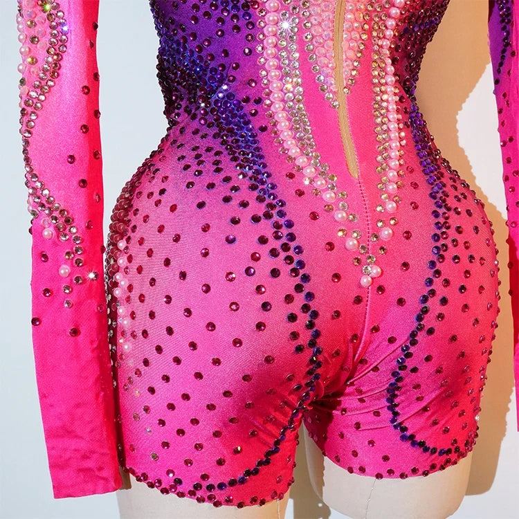 Pink Rhinestone Long-Sleeve Mesh Bodysuit | Stagewear