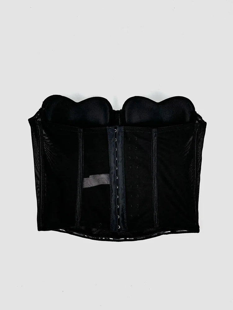Black Strapless Diamond Embroidered Mesh Bustier Corset Top Stage Party Bralette
