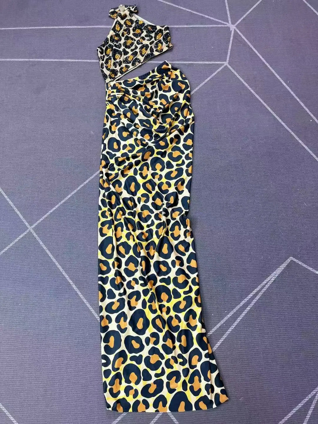 Leopard Rhinestone High-Slit Dress