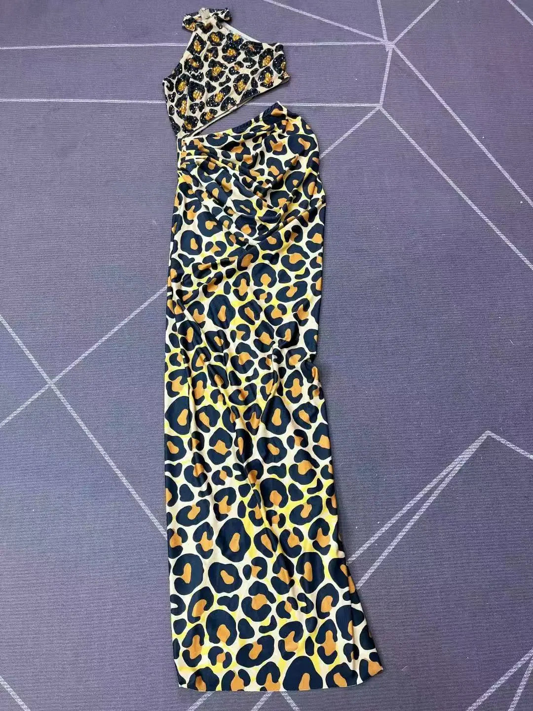 Leopard Rhinestone High-Slit Dress