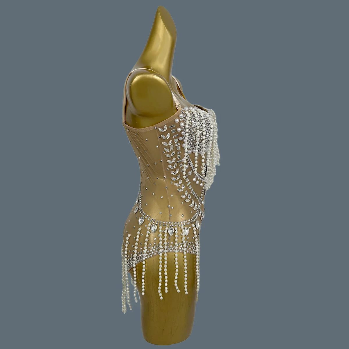 Nude Rhinestone Pearl Tassel Festival Bodysuit