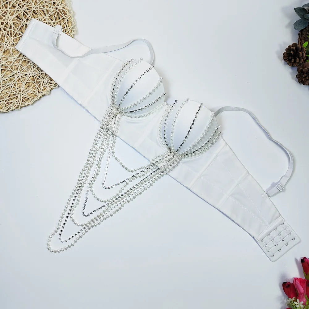 White Pearl & Diamond Chain Bustier Corset Crop Top Party Stage Bralette