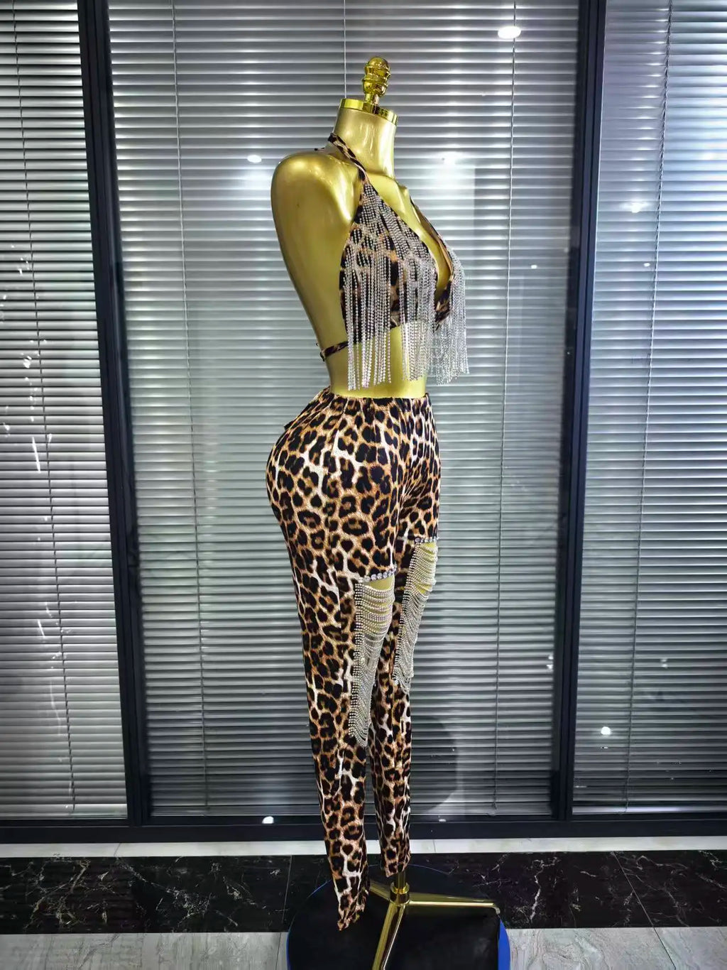 Leopard Print Rhinestone Two-Piece Bodycon Set