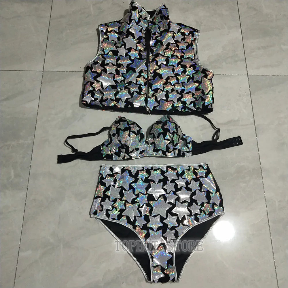 Silver Laser Star Sequin Three-Piece Festival Set