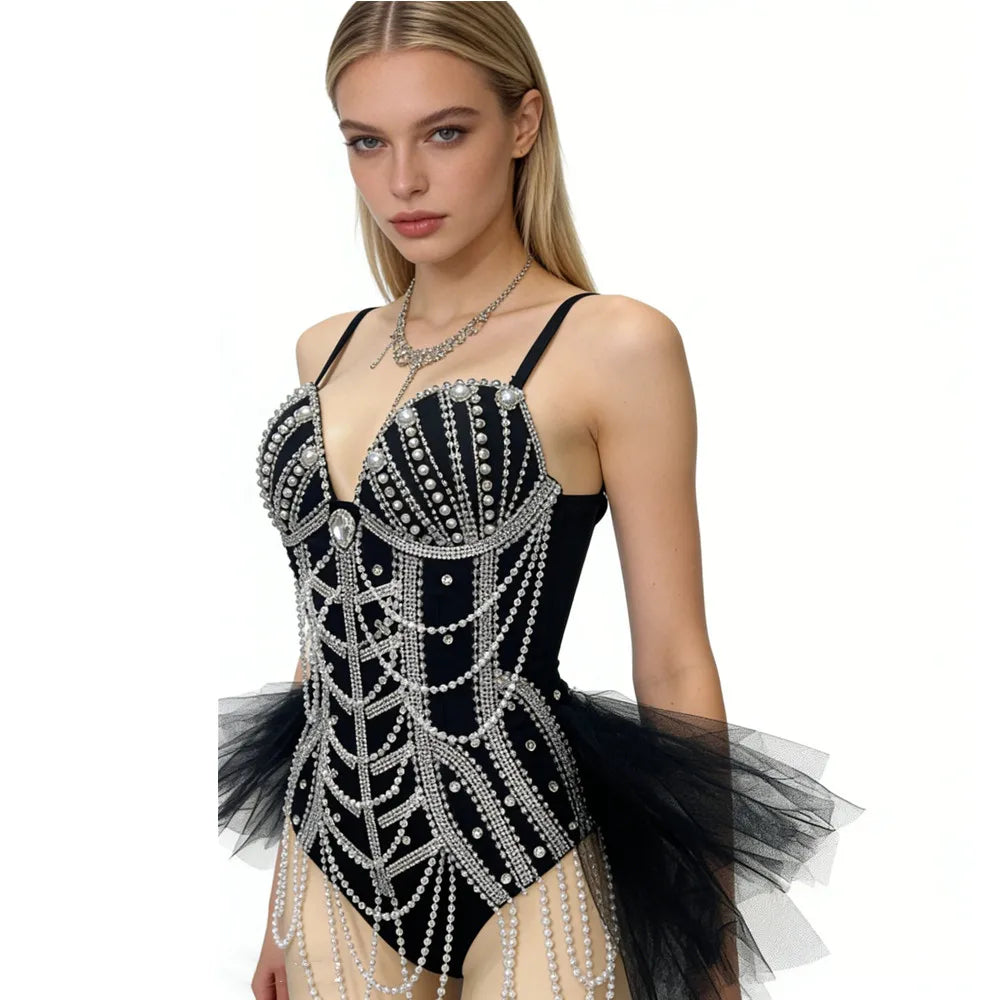 Black Beaded Chain Fringe Bodysuit | Stage Costume