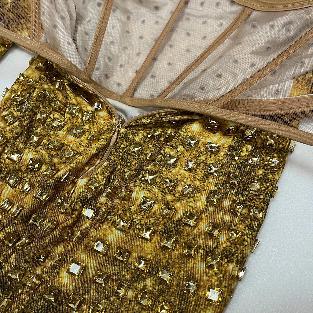 Gold Rhinestone Festival Bodysuit & Gloves Set