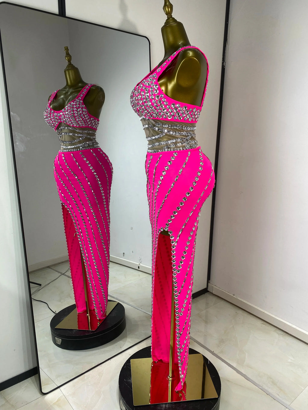 Hot Pink Rhinestone Cutout Maxi Gown