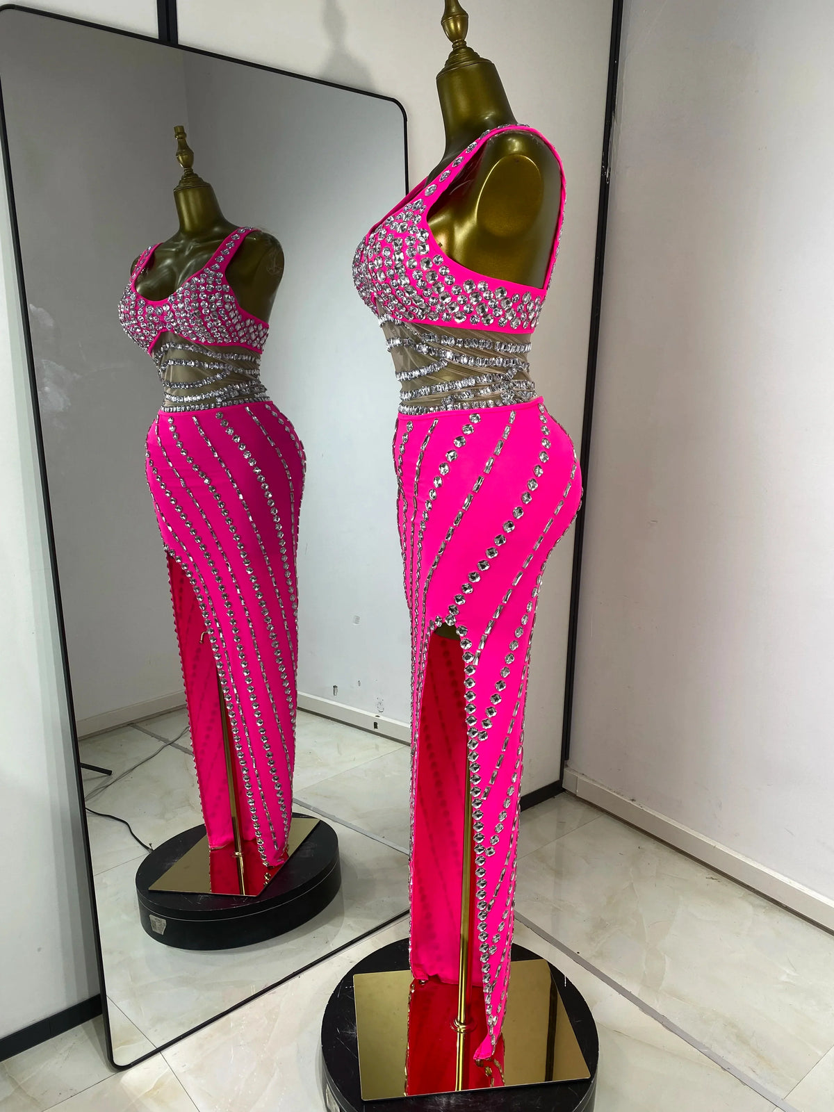 Hot Pink Rhinestone Cutout Maxi Gown