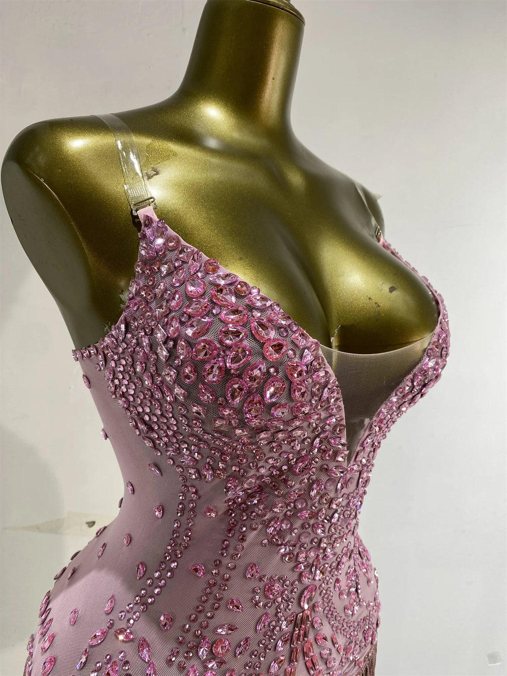 Vintage-Inspired Shiny Rhinestones Tassel Mesh Bodysuit Costume Set