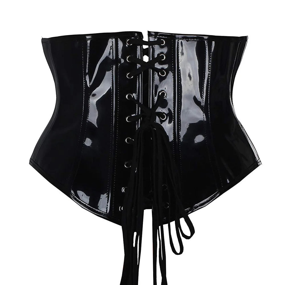 Shiny PU Leather Steampunk Underbust Corset Zipper Front Waist Cincher