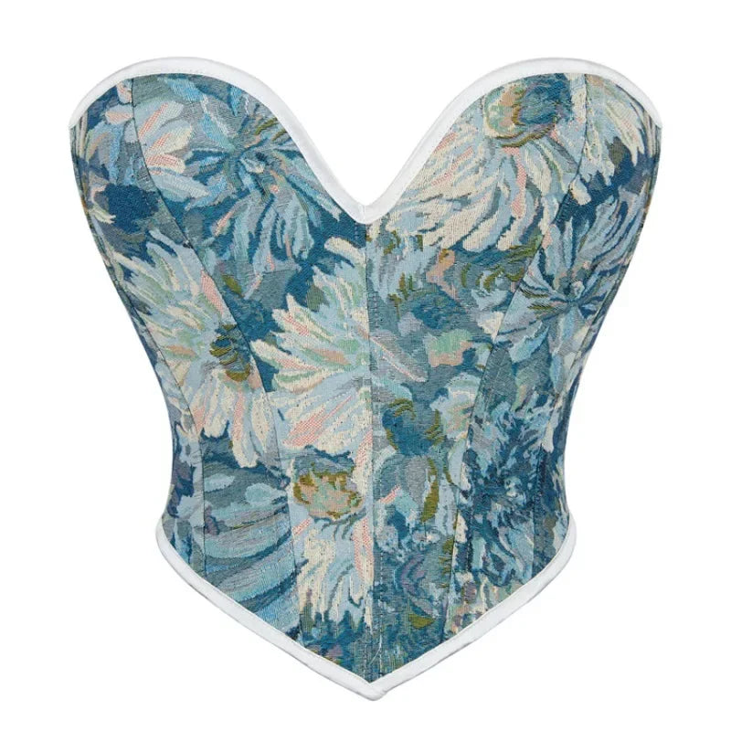 Vintage Blue Floral Overbust Corset Crop Top Lace-Up Boned Bustier