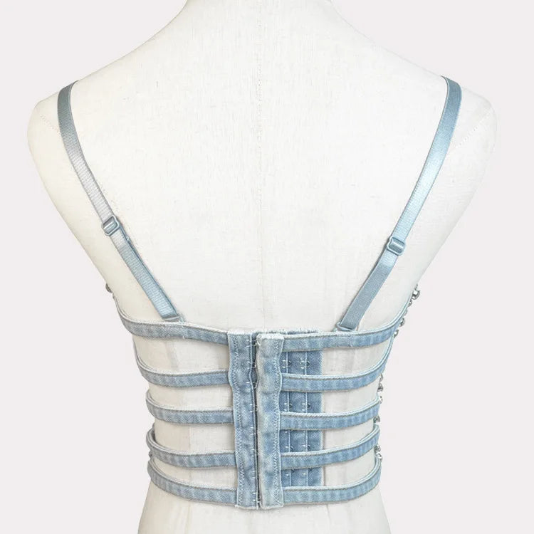 Studded Denim Bustier Crop Top Studded Punk Style Stage Costume Top