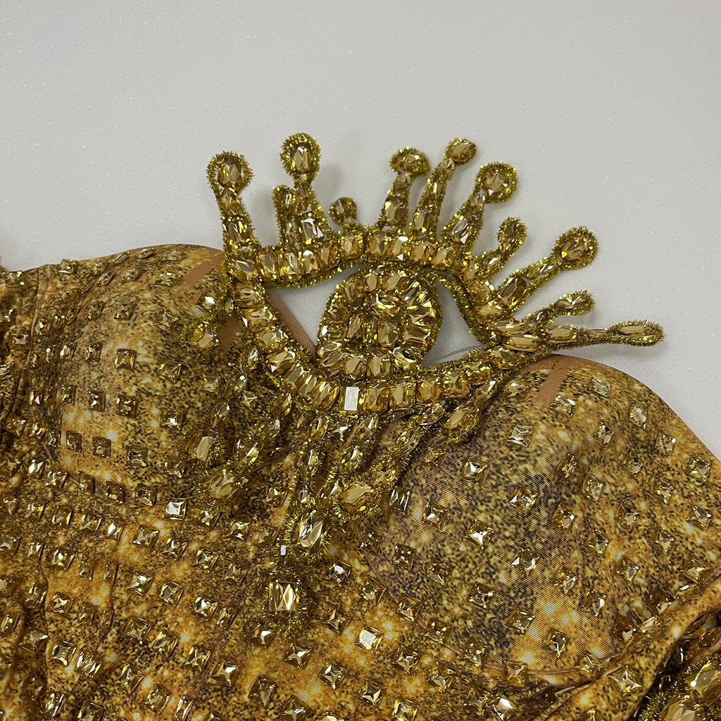Gold Rhinestone Festival Bodysuit & Gloves Set