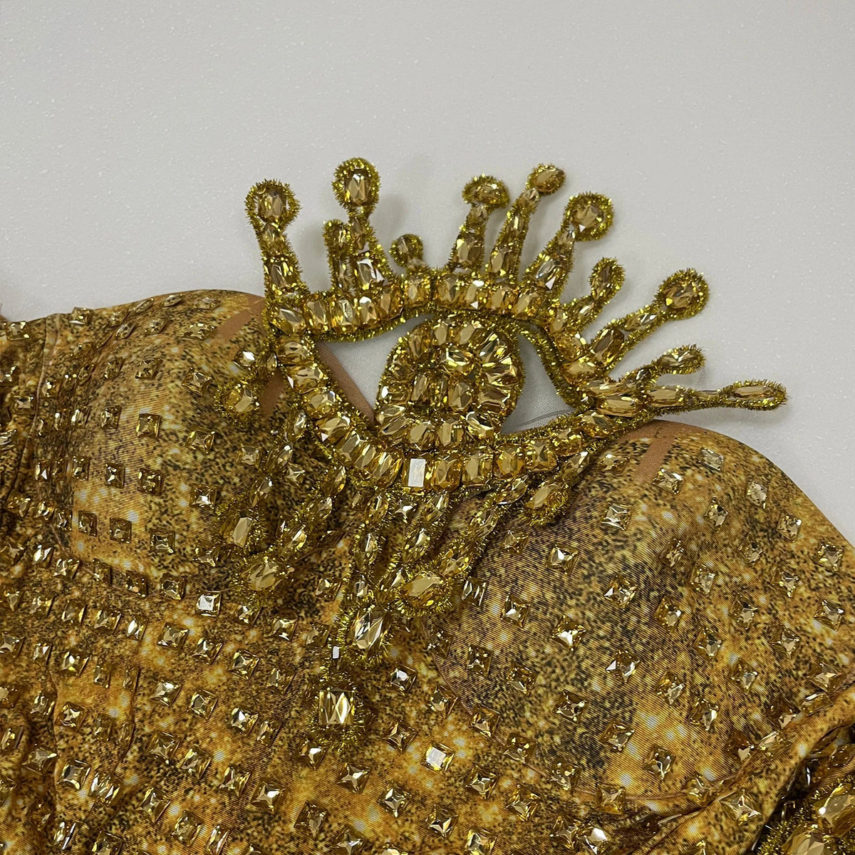 Gold Rhinestone Festival Bodysuit & Gloves Set