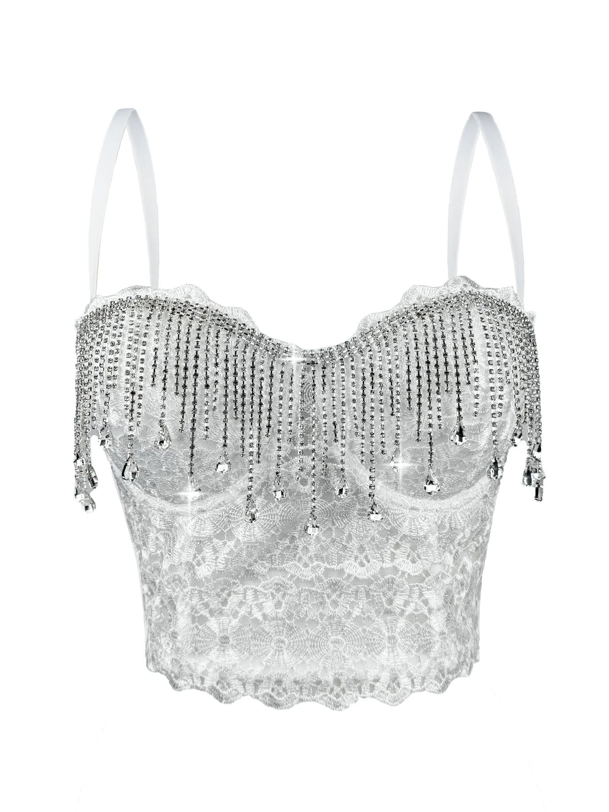 Lace Embroidery Diamond Tassel Bustier Corset Crop Top Stage Party Bralette