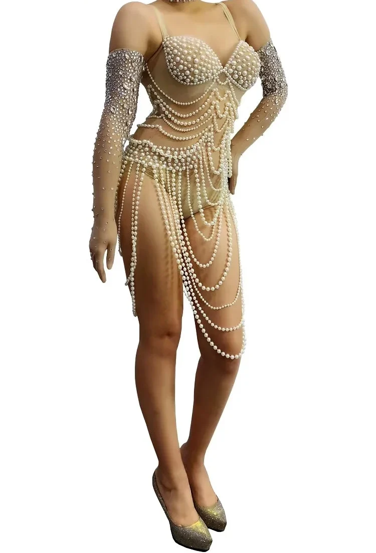 Pearl Body Chain Mesh Catsuit | Long-Sleeve Stagewear