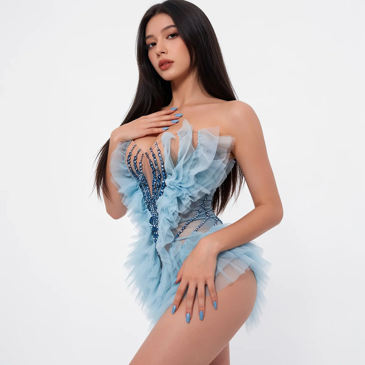 Blue Rhinestone Geometric Mini Dress | Sheer Party Dress