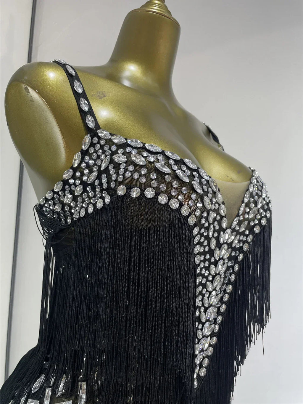 Black Rhinestone Fringe Mesh Leotard | Dancewear