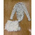 Silver Sequin Pearl & Feather Bodysuit Set