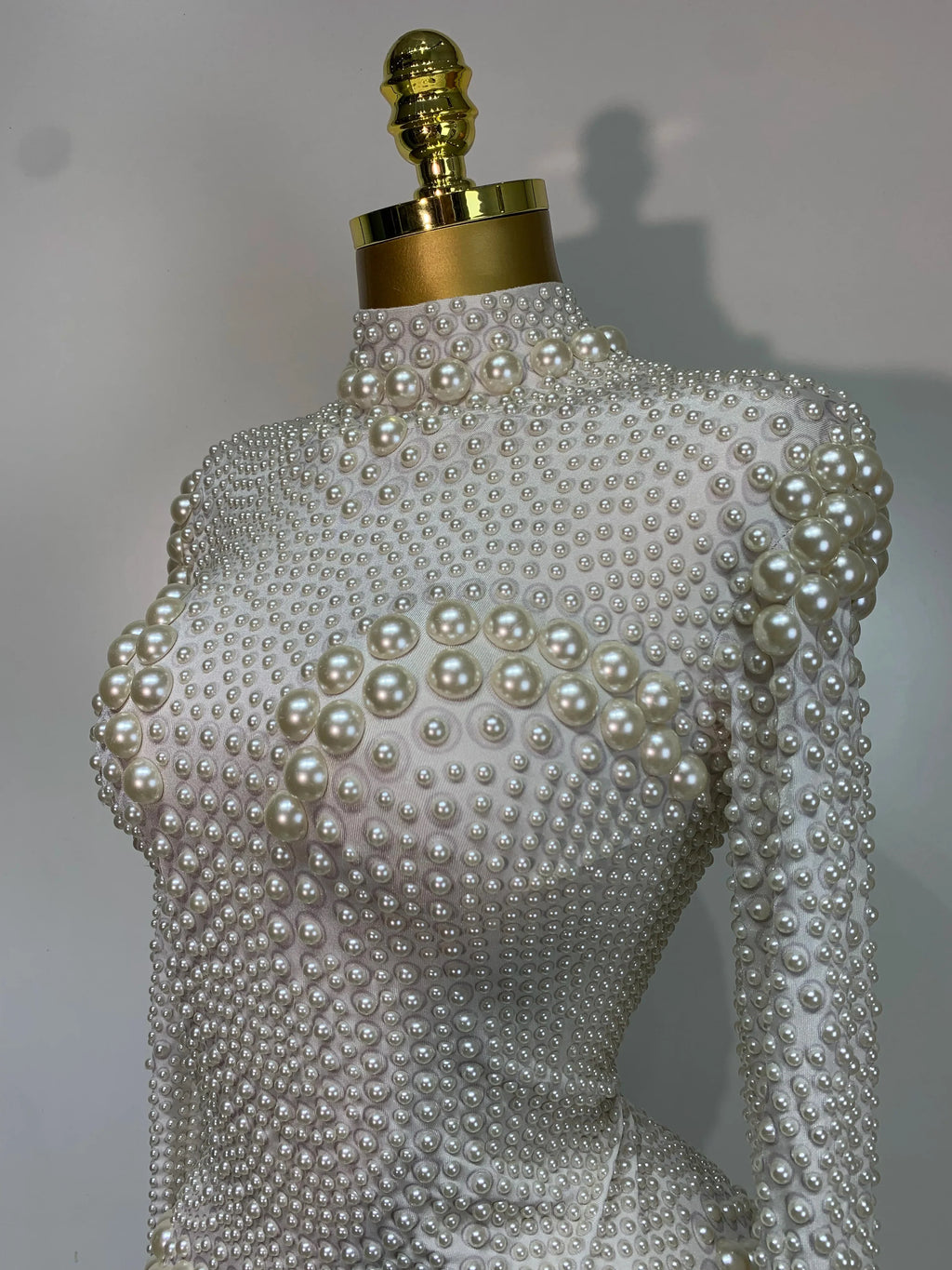 Luxury Pearl Long Sleeve Spandex Stretch Bodysuit Evening Stage Performance Costume