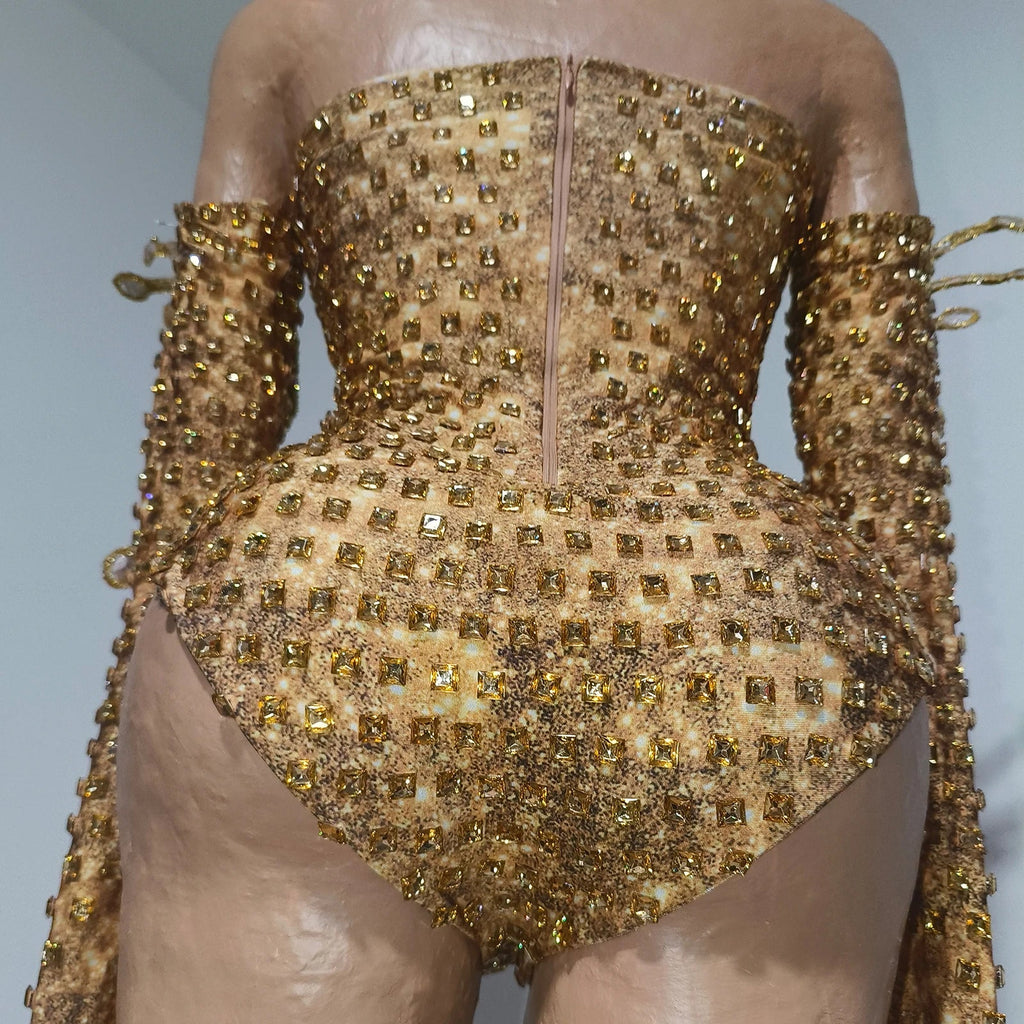 Gold Rhinestone Festival Bodysuit & Gloves Set