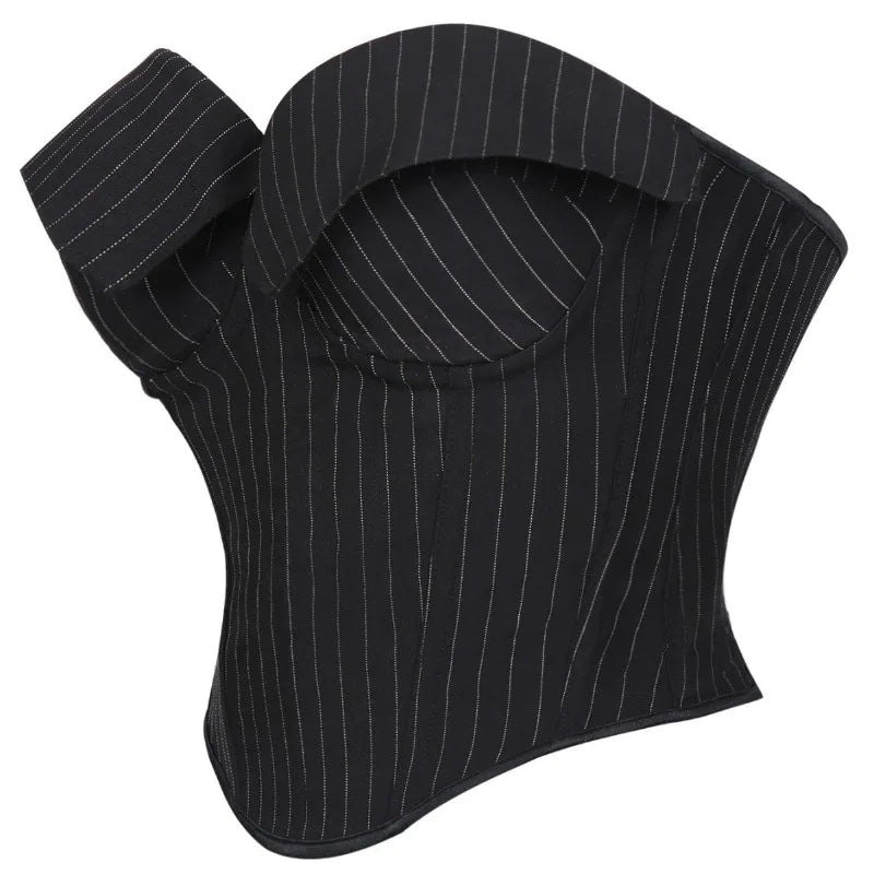 Black Striped Overbust Corset Top Zipper Front Lace-Up Bustier Body Shaper