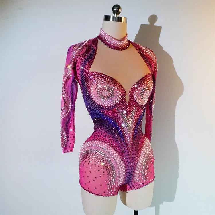 Pink Rhinestone Long-Sleeve Mesh Bodysuit | Stagewear