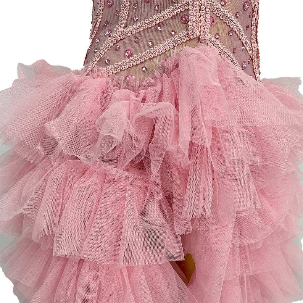 Pink Rhinestone Ruffle Statement Gown