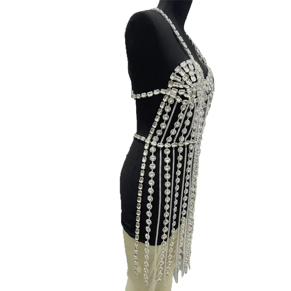 Crystal Tassel Body Chain Mini Dress