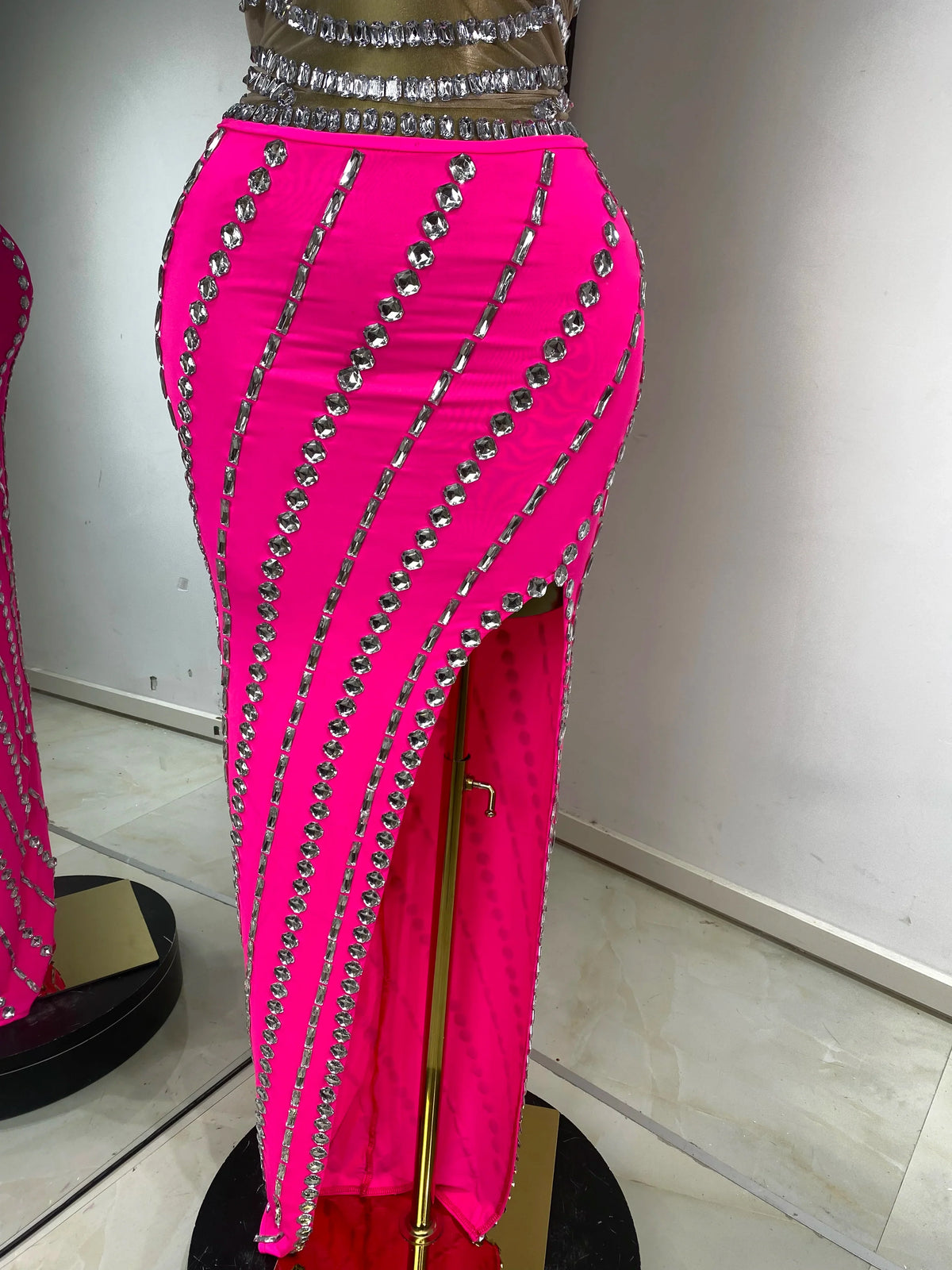 Hot Pink Rhinestone Cutout Maxi Gown