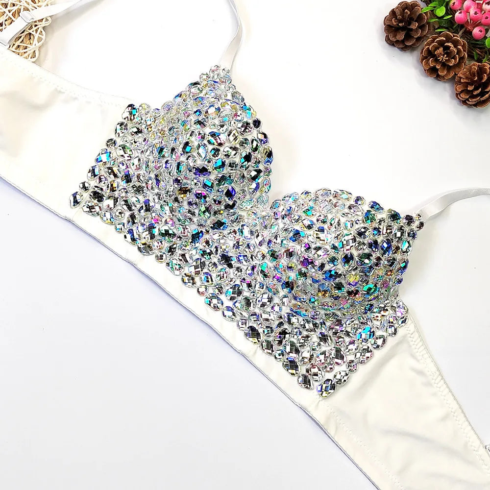Rhinestone Glitter Bustier Corset Top Hook-and-Eye Nightclub Party Bralette