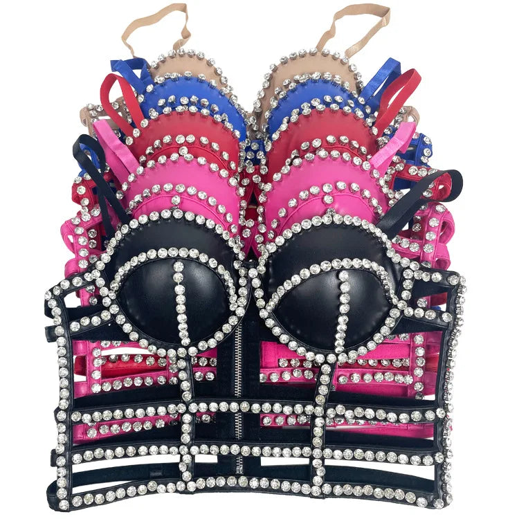 Gothic Studded Faux Leather Bustier Top Cage Strap Party Bralette