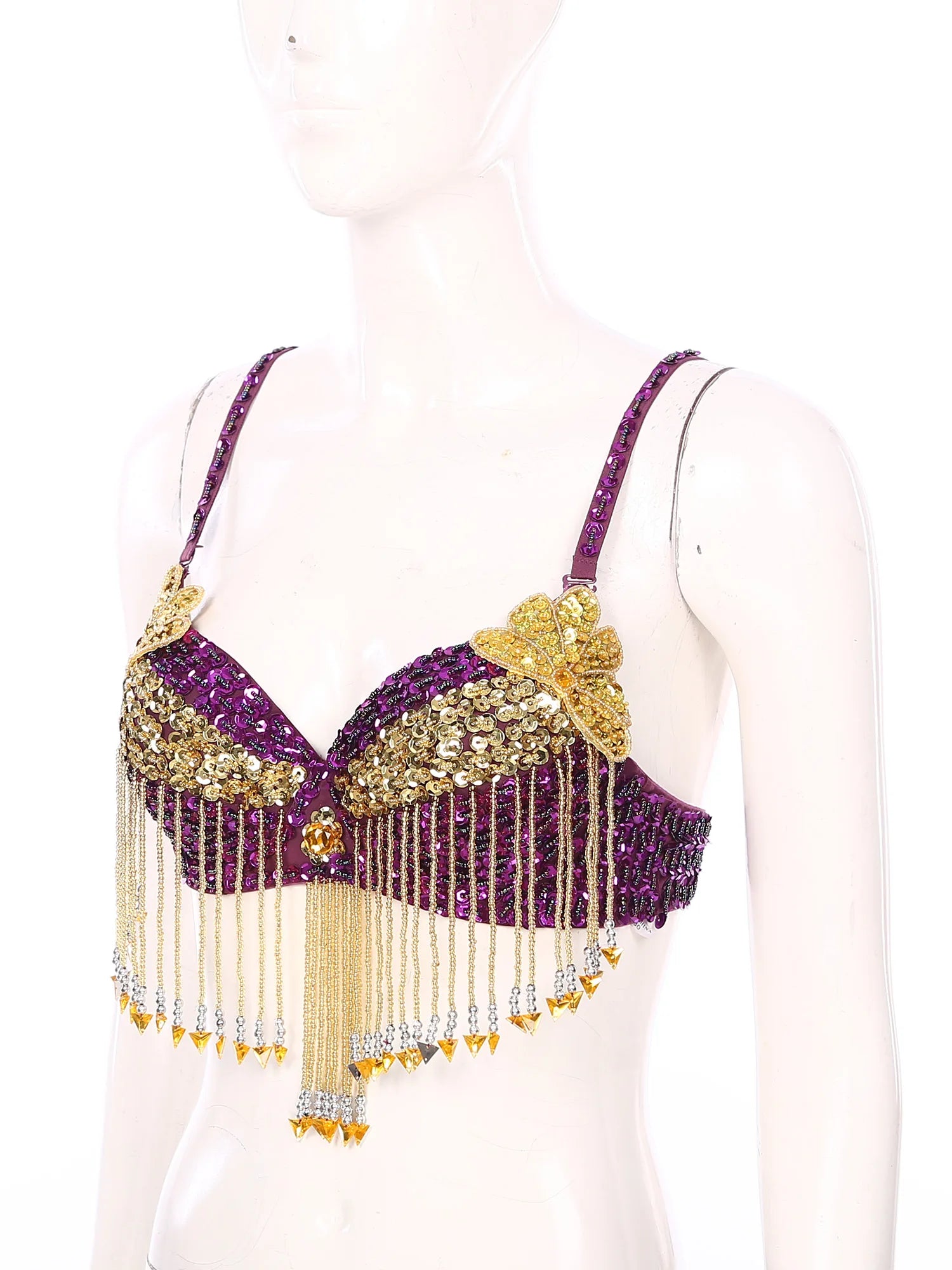 Sparkly Floral Beaded Sequin Belly Dance Bra & Tassel Performance Top