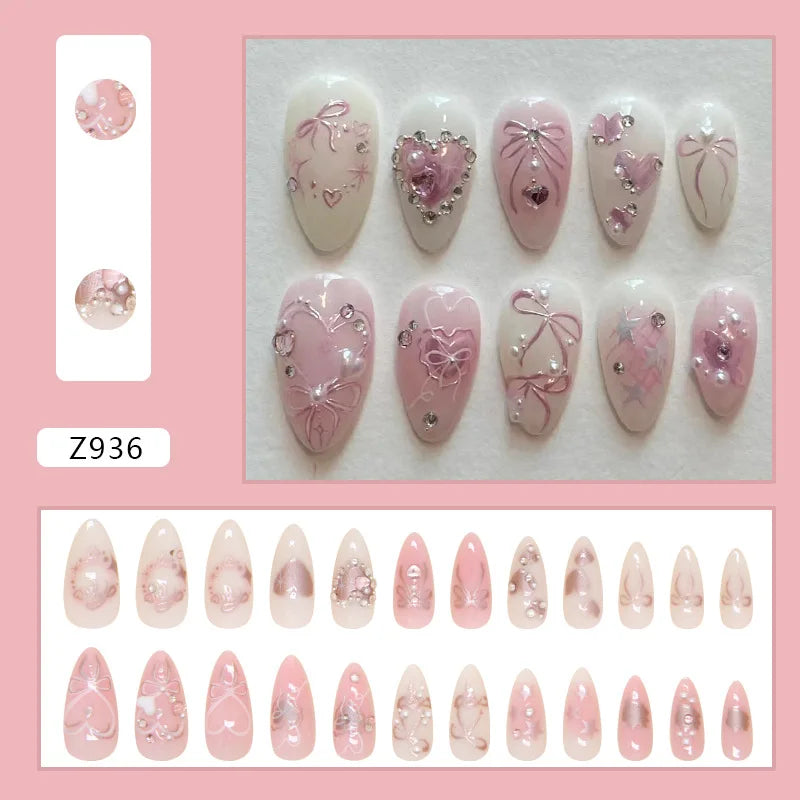 Pink Bow & Pearl Press-On Nails | Almond Style